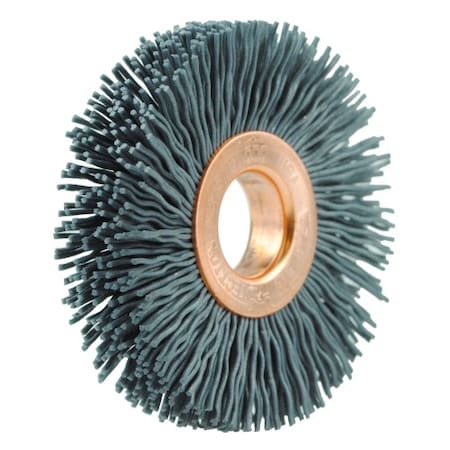 Weiler 2" Dia Nylox Wheel Brush, .022/320SC Crimped Fill, 1/2"Arbor Hole 17543